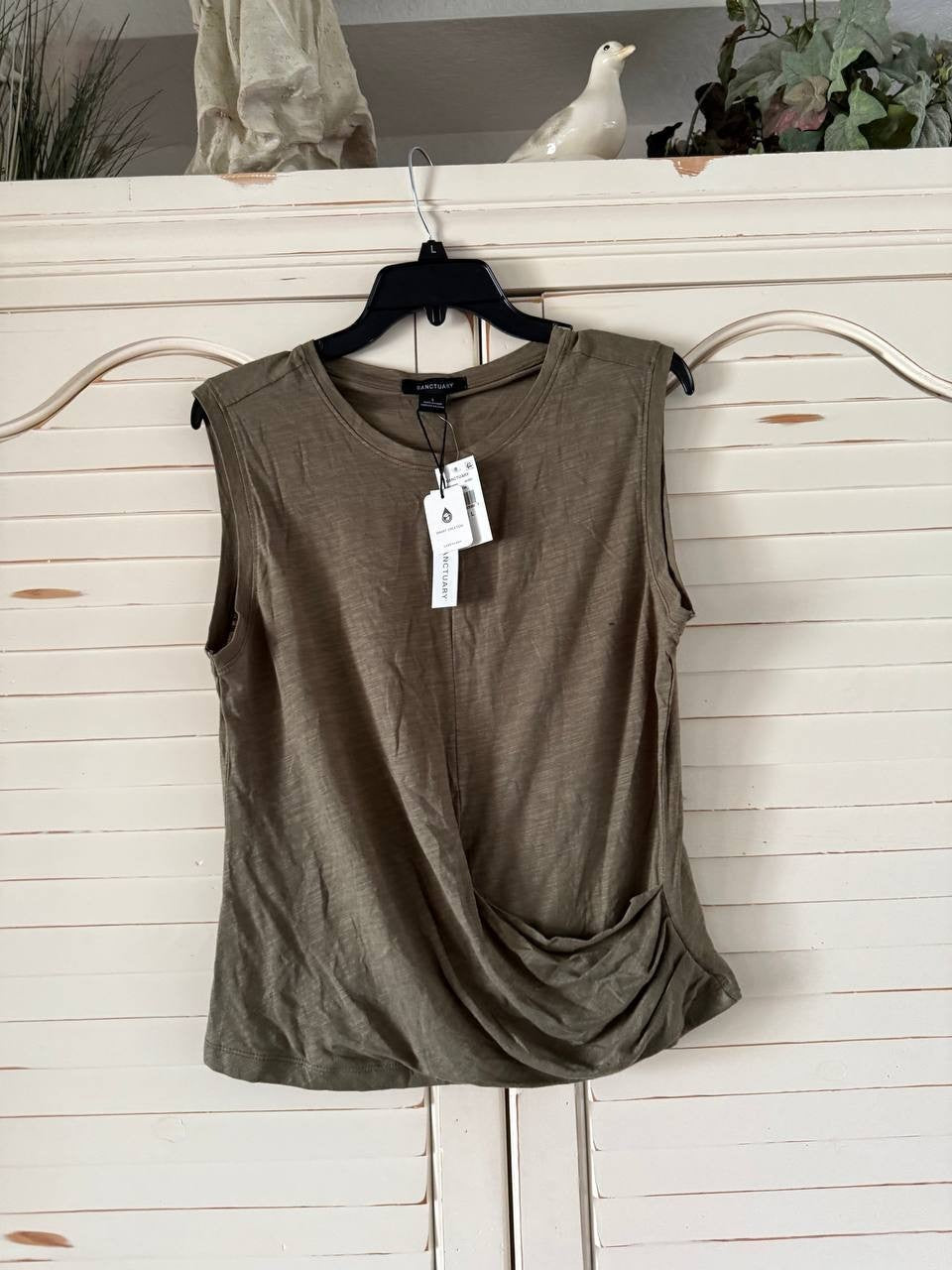 Sanctuary Burnt Olive Draped Tank Top - L, NWT, Crew Neck, Slub Jersey