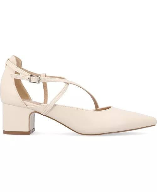 Journee Galvinn Strappy Pointed Toe Block Heel Pumps Bone 8W PU $93 NWB