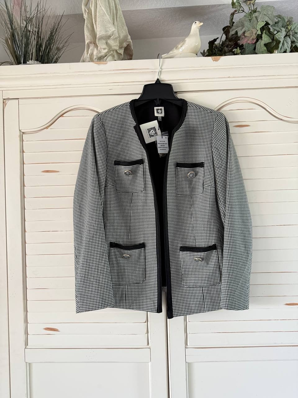 Anne Klein Jacket 8 Black White Houndstooth Collarless Braid Trim Career NWT