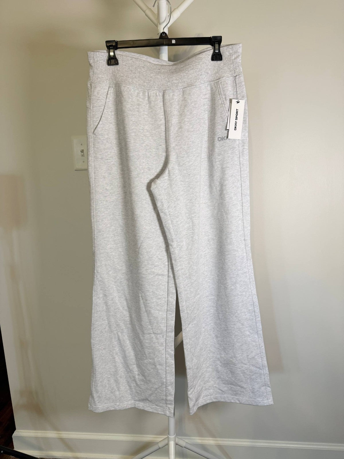 DKNY Sport Studded‑Logo Wide‑Leg Pants Optic Heather NWT M L XL MSRP $60