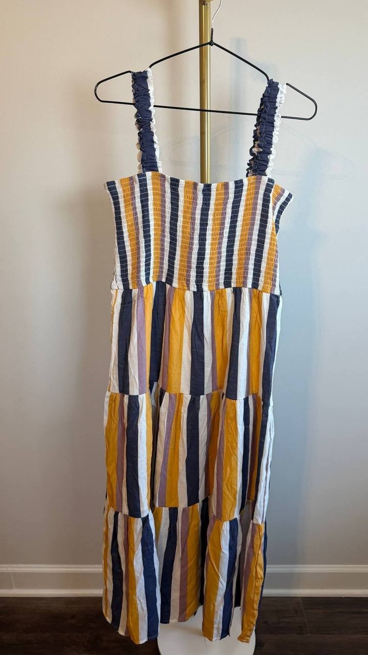 NY Collection Petite Smocked Bodice Tiered Midi Dress Blue Size PL NWT $58