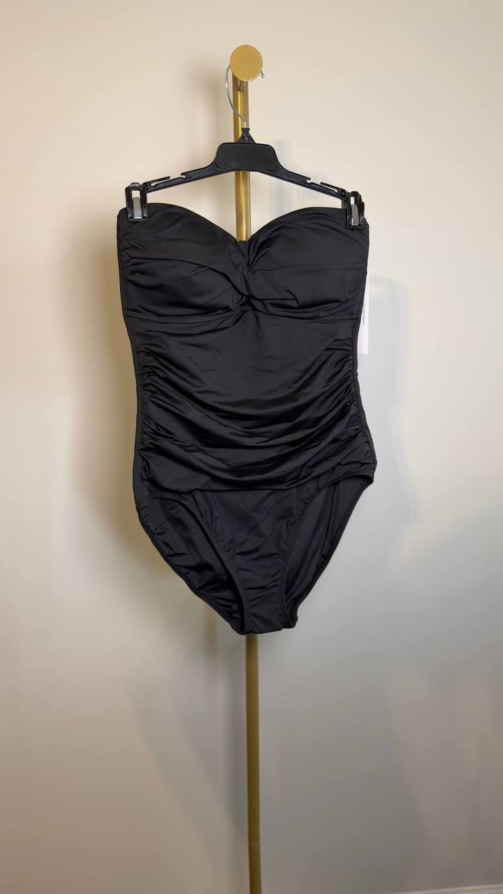 Anne Cole Twist Front Shirred Bandeau One Piece Swimsuit Black 10 NWT $88