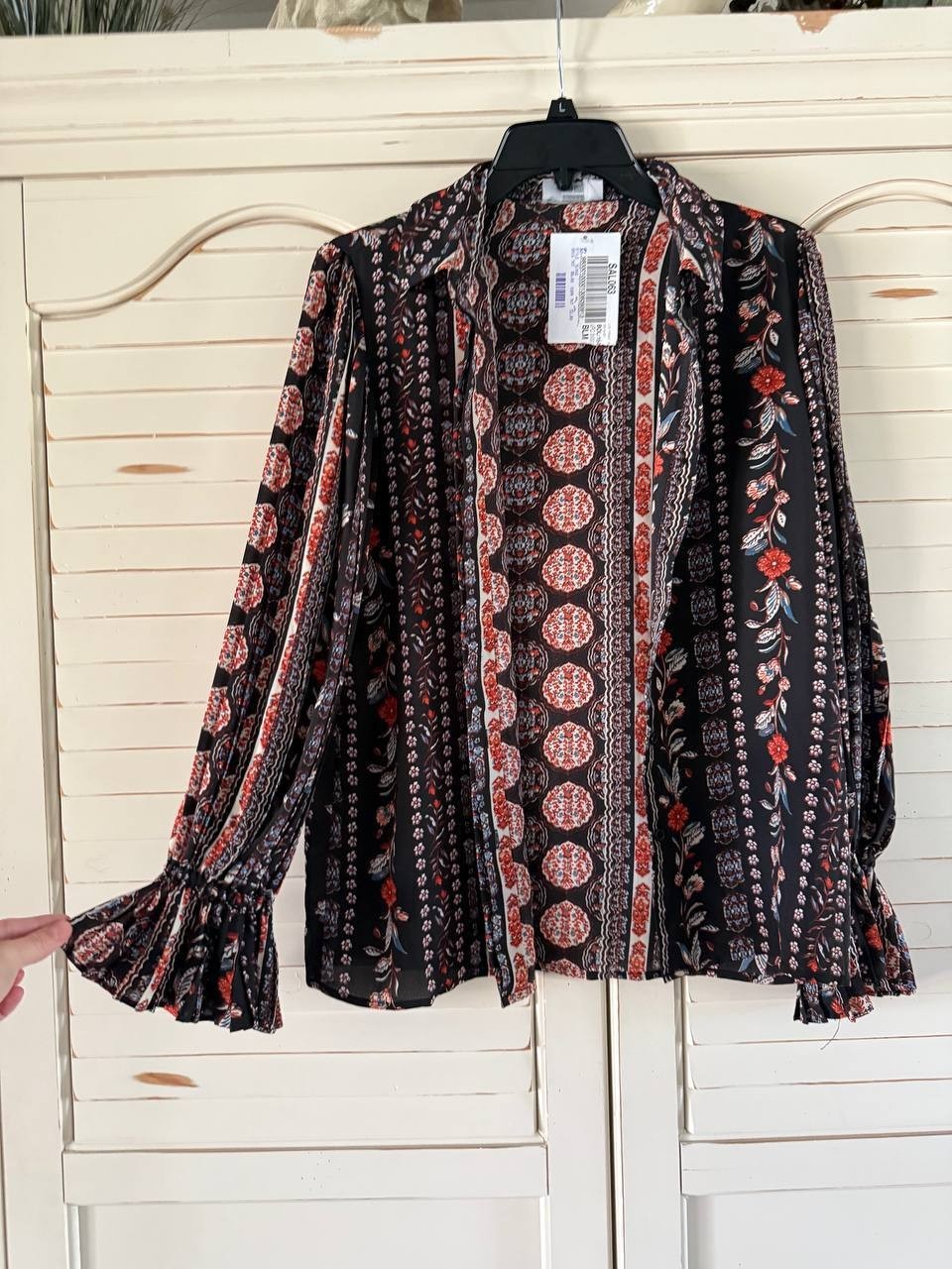 T Tahari Floral Striped Blouse S/P Petite, Round Neck, Short Sleeve, Office