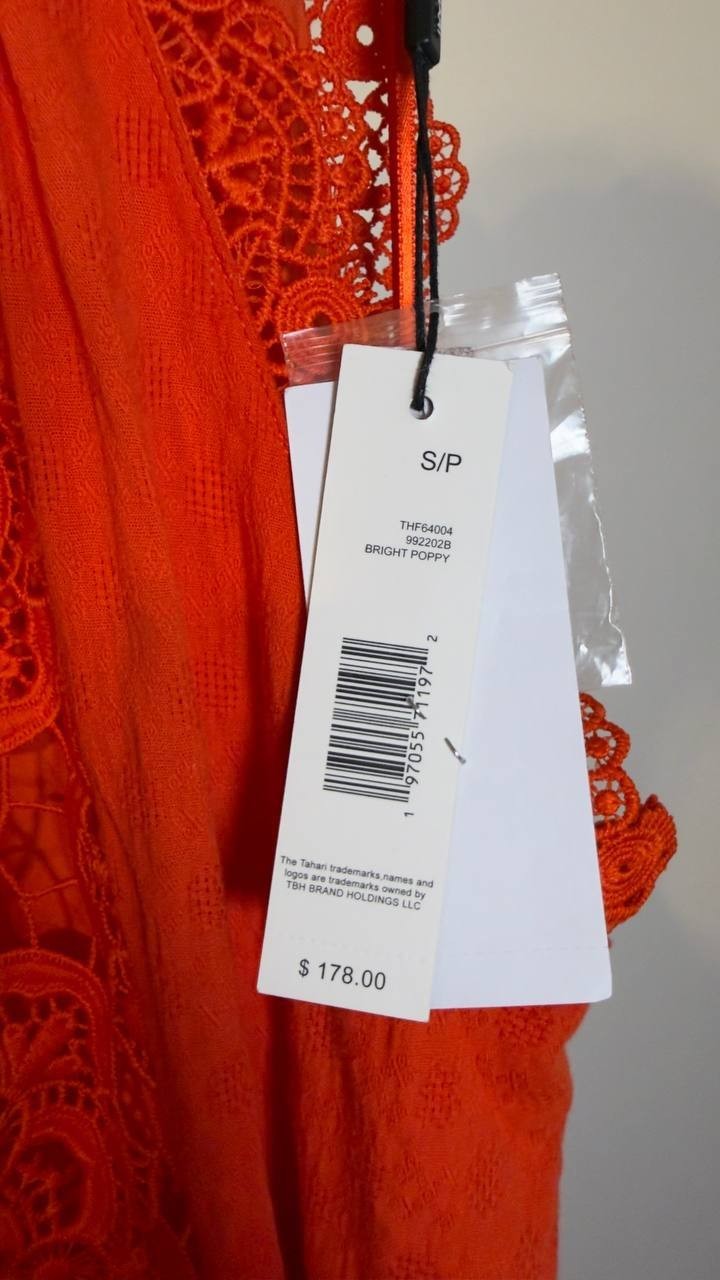 T Tahari Sleeveless Halter Lace Maxi Dress Bright Poppy S/P NWT $178