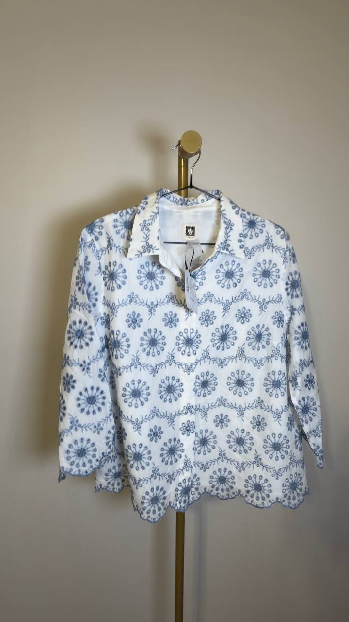 Anne Klein Scalloped Eyelet 3/4‑Sleeve Button Blouse White Multi L NWT $129