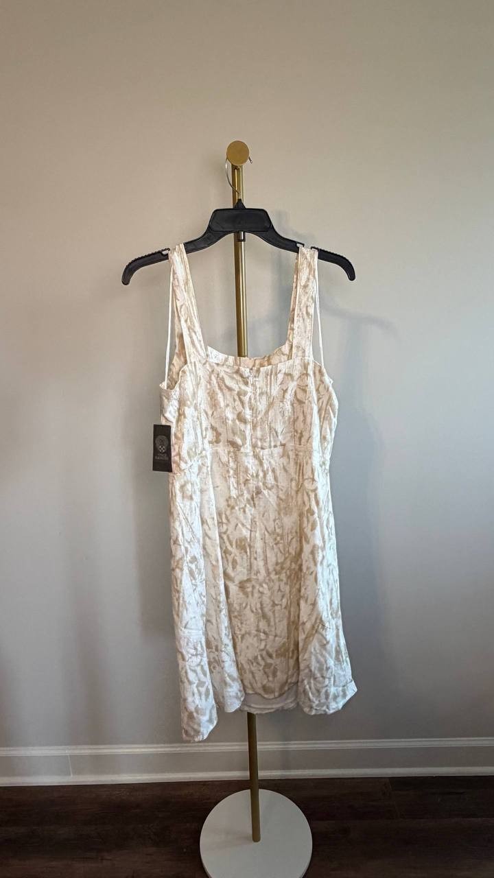Vince Camuto Printed Linen‑Blend Square‑Neck Mini Dress Oyster Grey M NWT $169