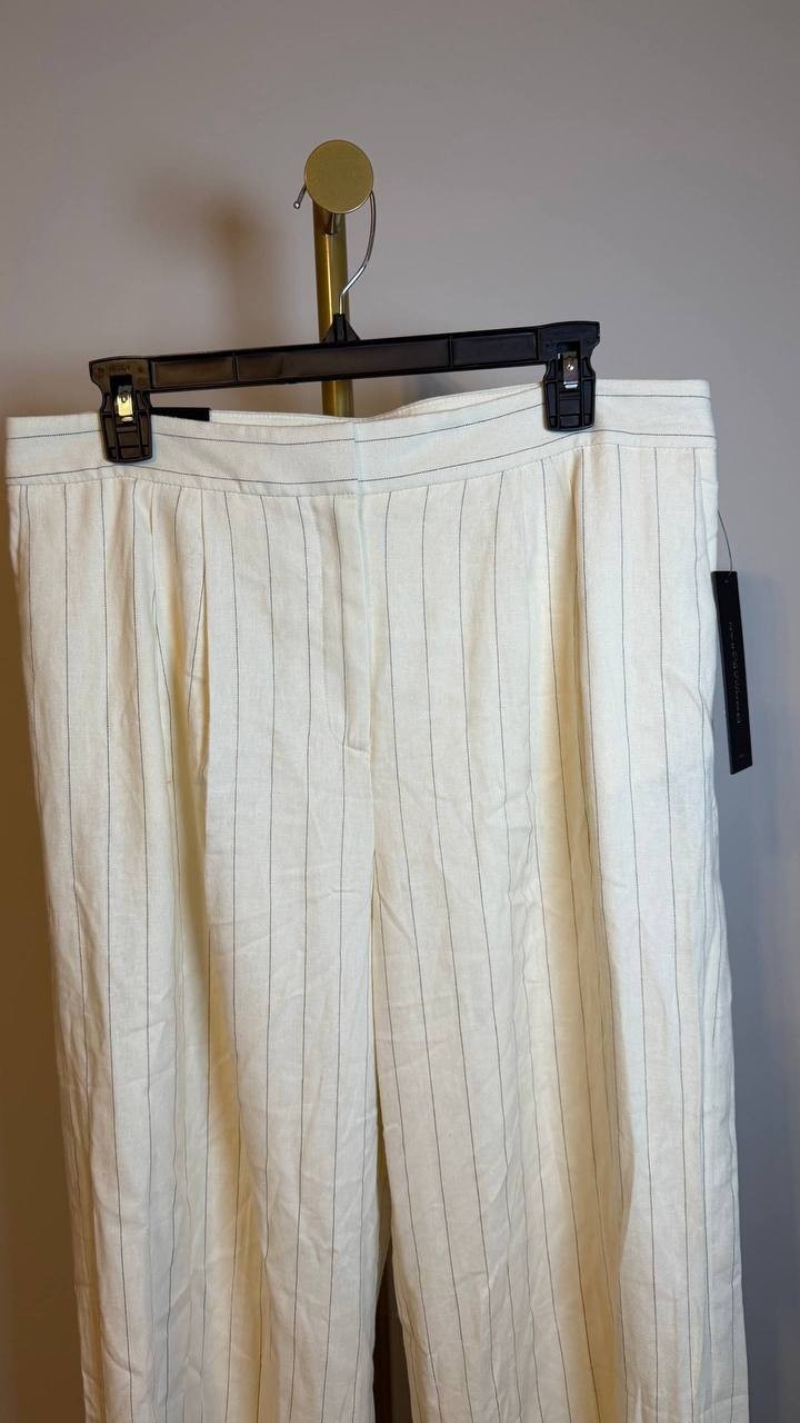 Donna Karan NY Linen-Blend Pinstripe Wide-Leg Pants Cream 14P NWT $119