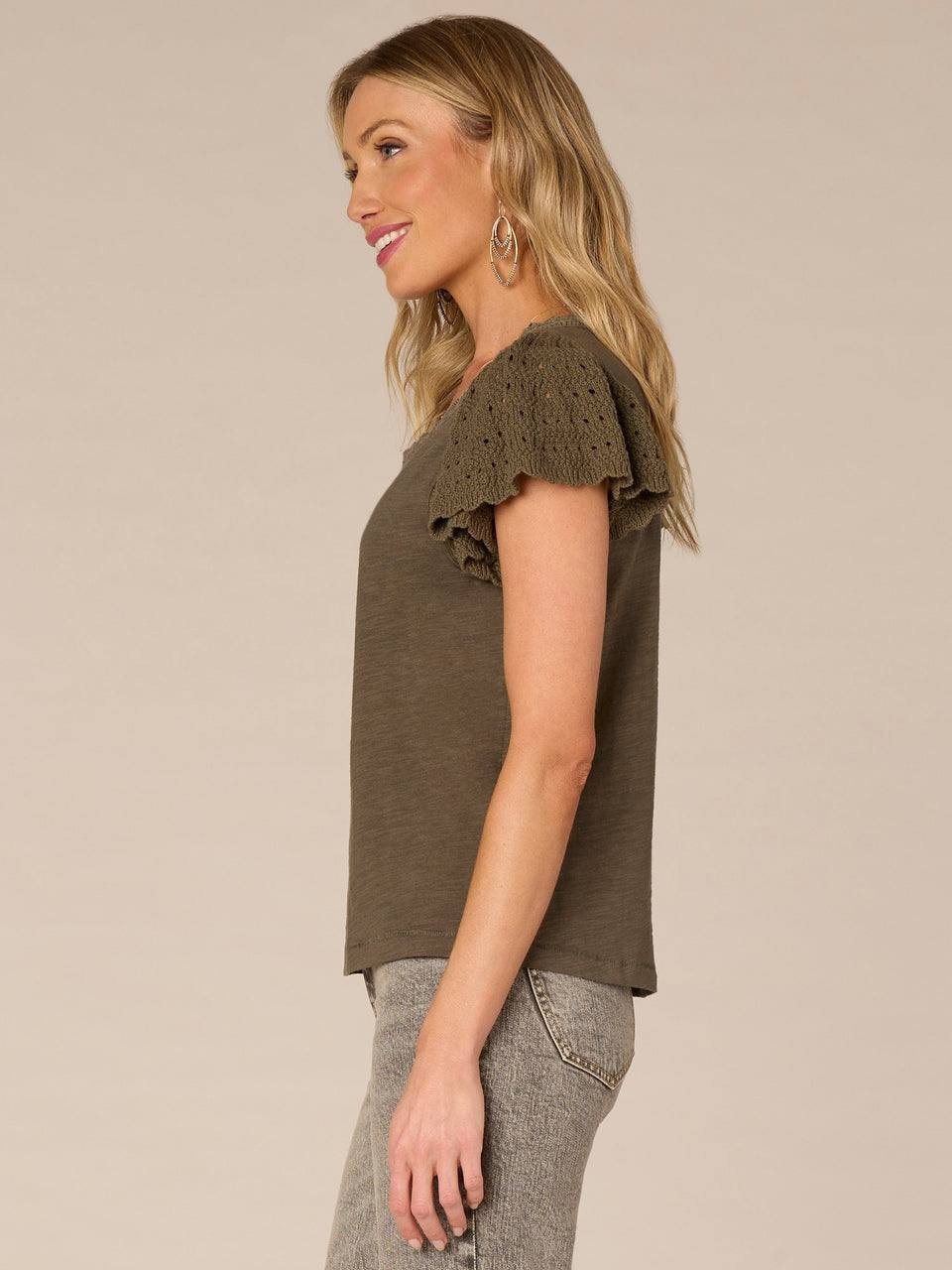 Democracy Short Crochet Flutter‑Sleeve Scoop‑Neck Knit Top – Size PM – NWT – $58
