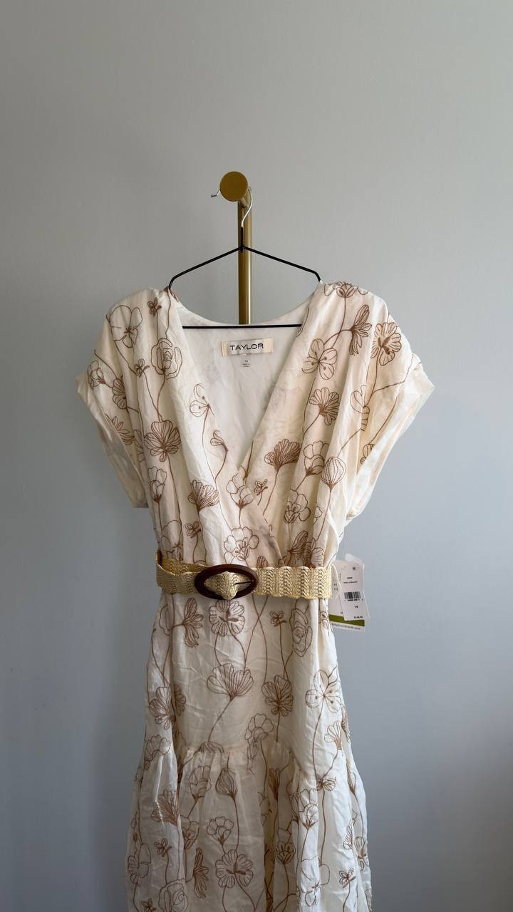 Taylor Embroidered V‑Neck Belted Dress Vanilla Walnut 14 NWT $149