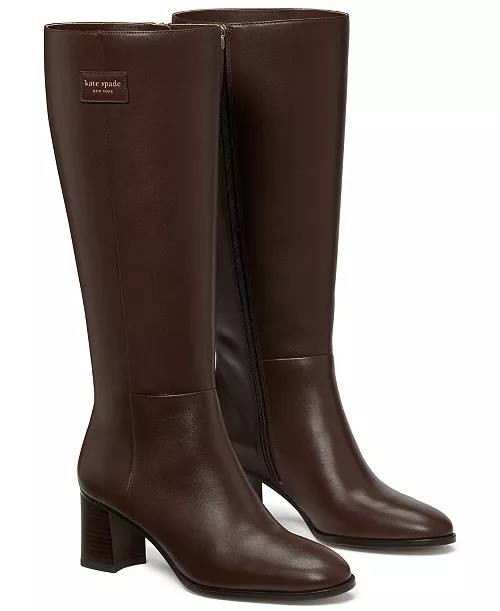 Kate Spade Aimee Tall Leather Boots Brown 6.5B Block Heel NWB $348