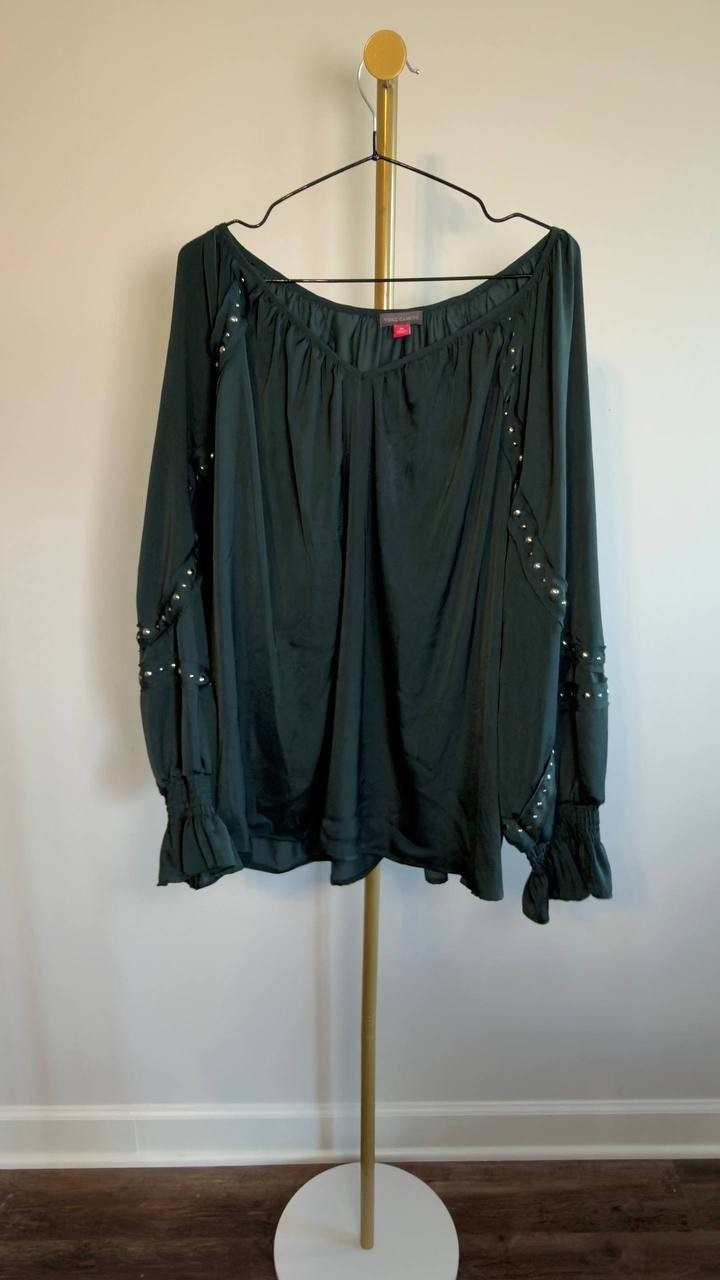 Vince Camuto Bead Detail Hammered Satin Top Dark Green 3X NWOT $89