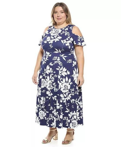 24Seven Comfort Apparel Cold Shoulder Maxi Dress Blue Multi XL NWT $117