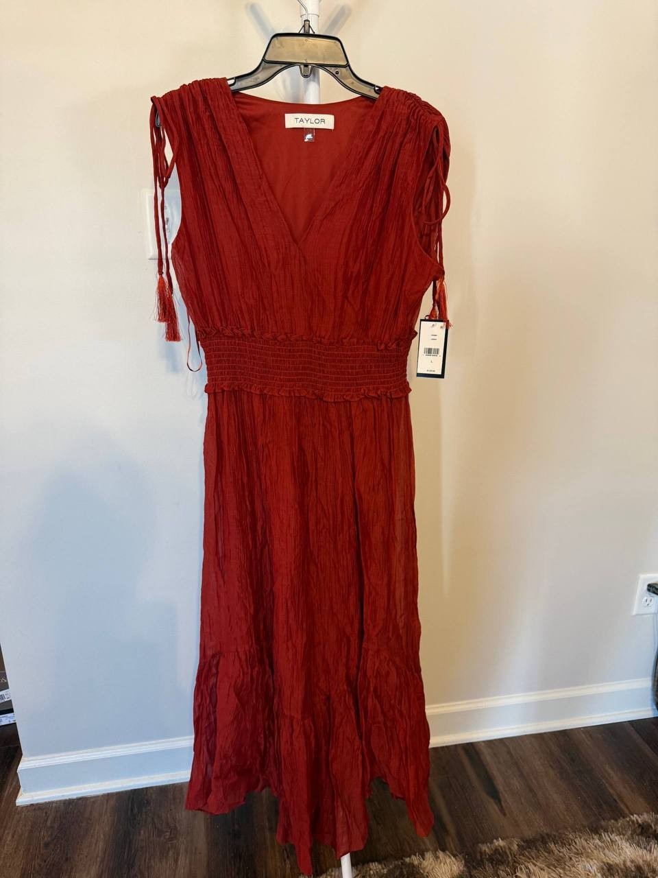 Taylor V‑Neck Handkerchief‑Hem Dress – Size L – NWT – $128