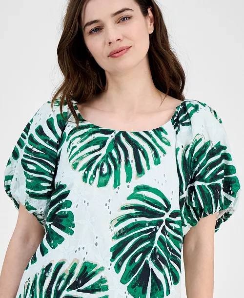 Anne Klein Women’s Eyelet Leaf‑Print Puff Sleeve Top Green M $99 NWT