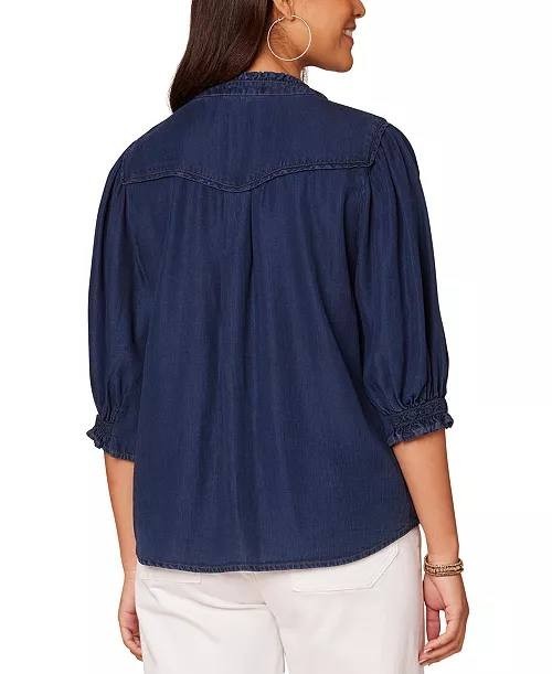 Democracy Crochet Trim Ruffle Button‑Front Shirt Navy M NWT $84
