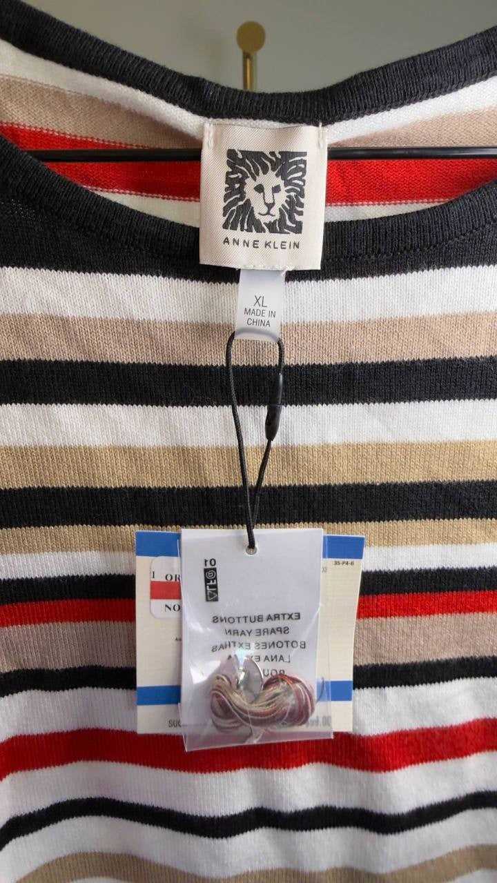 Anne Klein Striped Button‑Cuff Crewneck Sweater Multi XL NWT $99