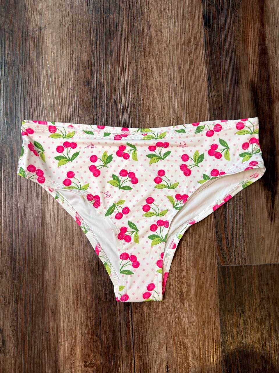 Betsey Johnson Cherry Dot High‑Cut Bikini Bottoms White M NWOT