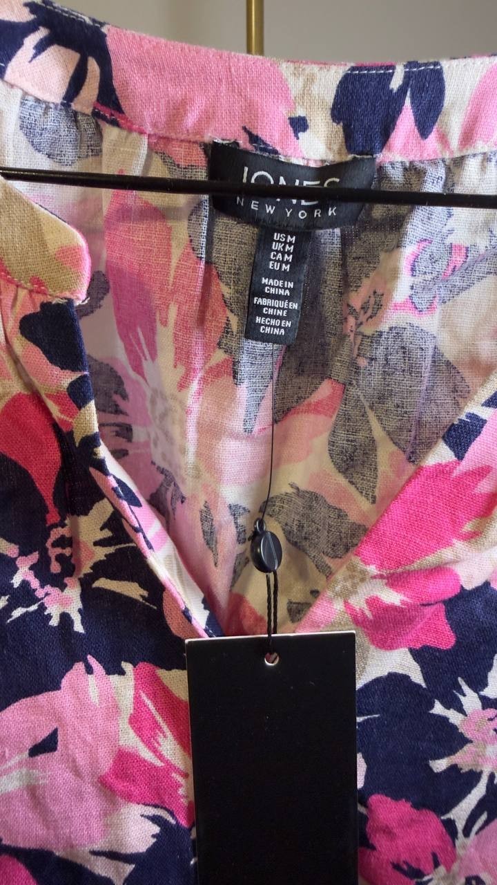 Jones New York Tie‑Sleeve Printed Split‑Neck Blouse White Multi M NWT $69.50