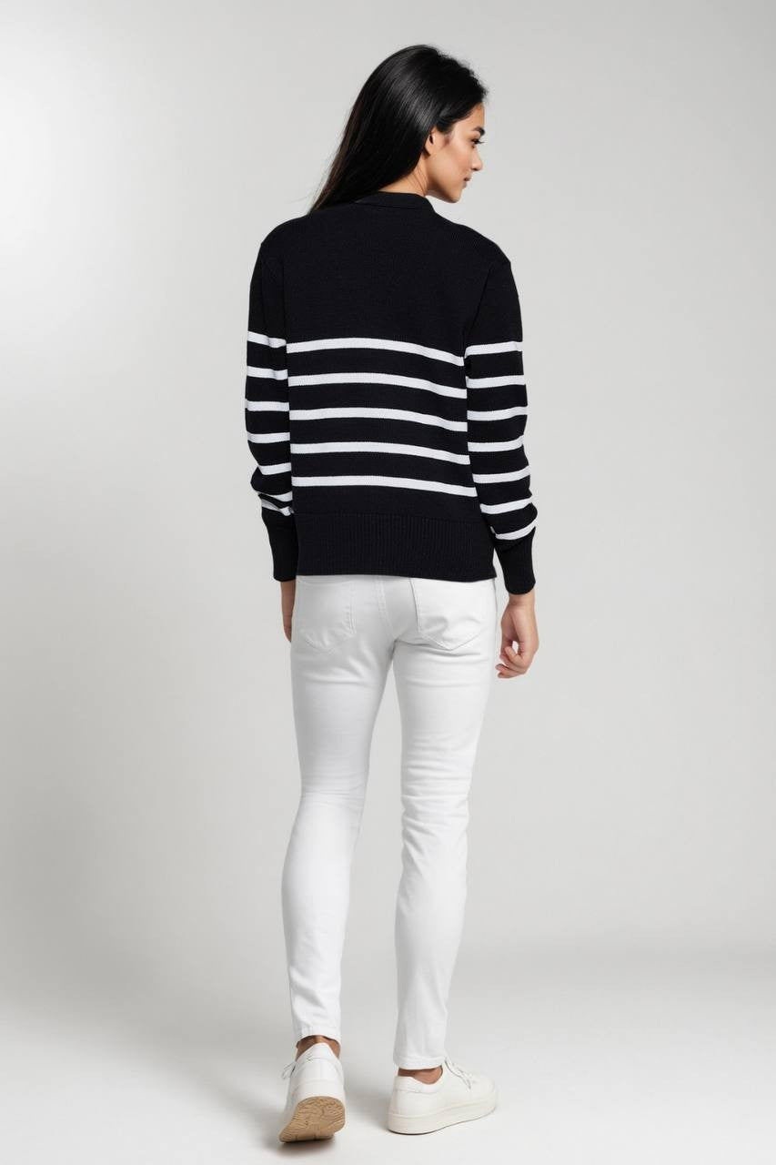 Three Dots Women’s Mackenzie Knit Button Cardigan Black Stripe M $98 NWT