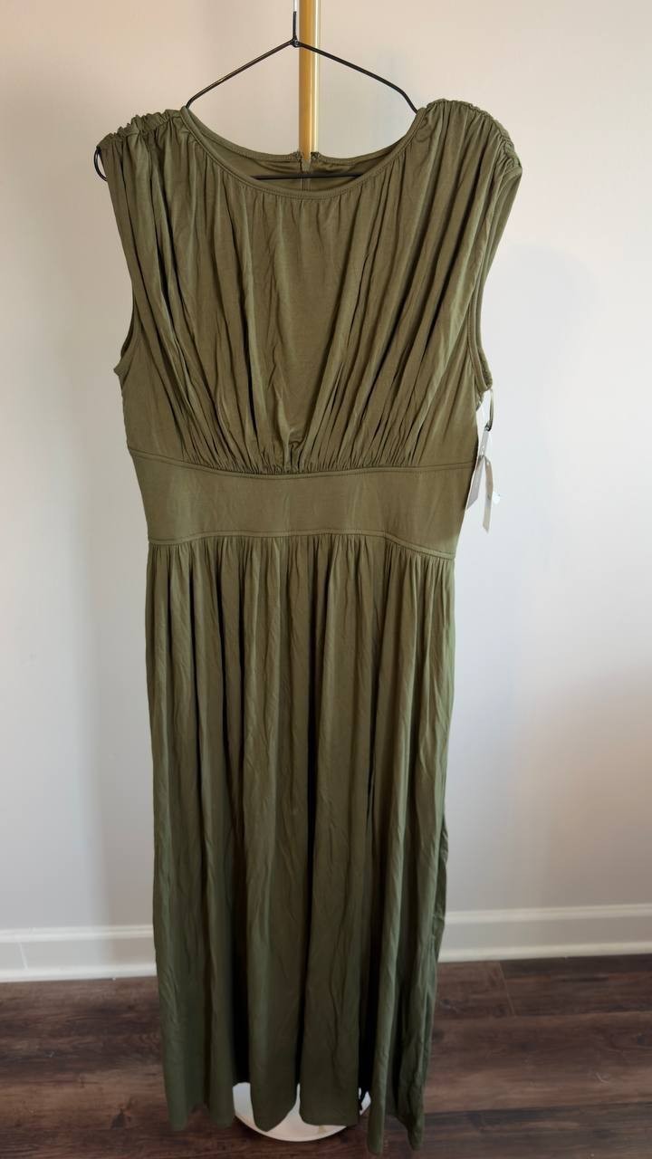 Taylor Cinched Waist Ruched Crewneck Dress Olive 10 NWT $199