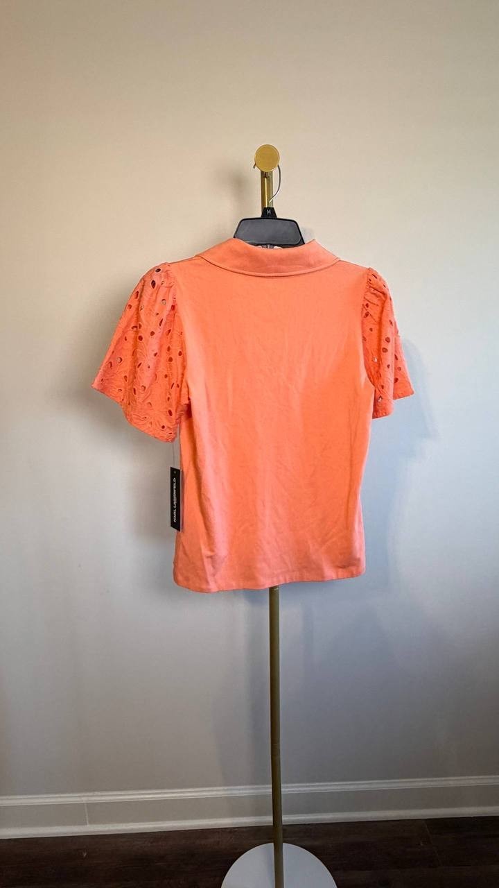 Karl Lagerfeld Paris Eyelet Puff‑Sleeve Collared Top Coral XS NWT $89
