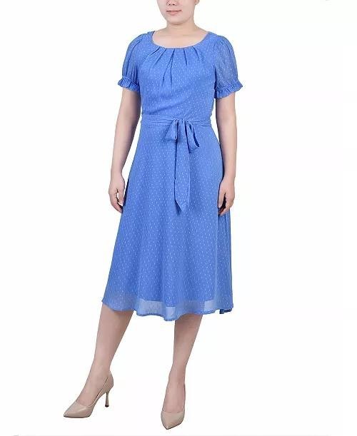 NY Collection Petite Swiss Dot Belted Dress – Size PS – NWT – Blue Scoop Neck