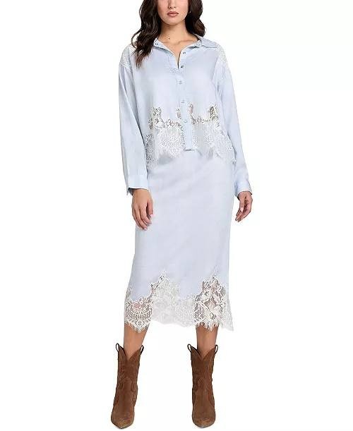 GUESS Shirt S Blue Evie Lace Trim Chambray Long Sleeve Casual NWT MSRP $129