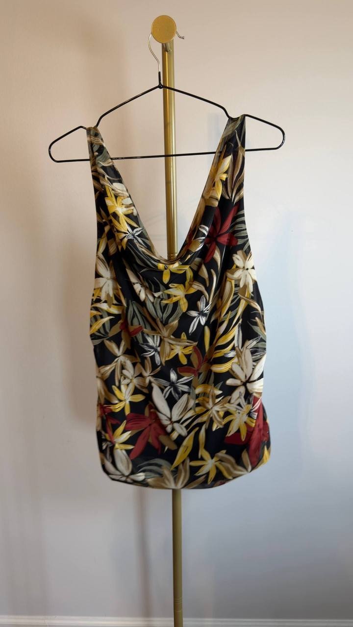 Anne Klein Printed Ruched Draped‑Neck Mesh Top Floral XL NWT $69