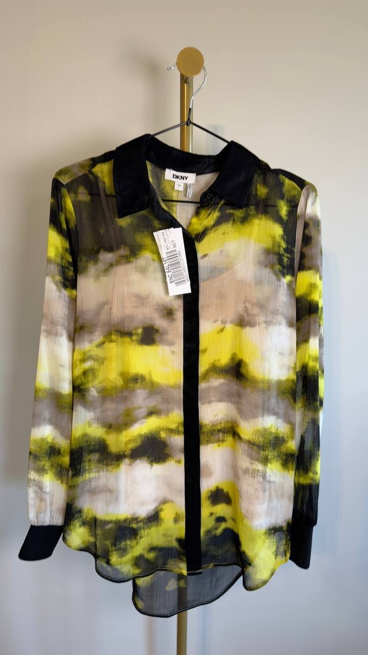 DKNY Crinkled Chiffon Abstract‑Print Blouse XS NWT $89