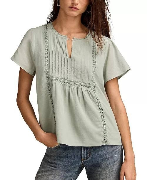 Lucky Brand Top L Surf Green Cotton Pleated Split Neck Flutter Sleeve Peasant NW