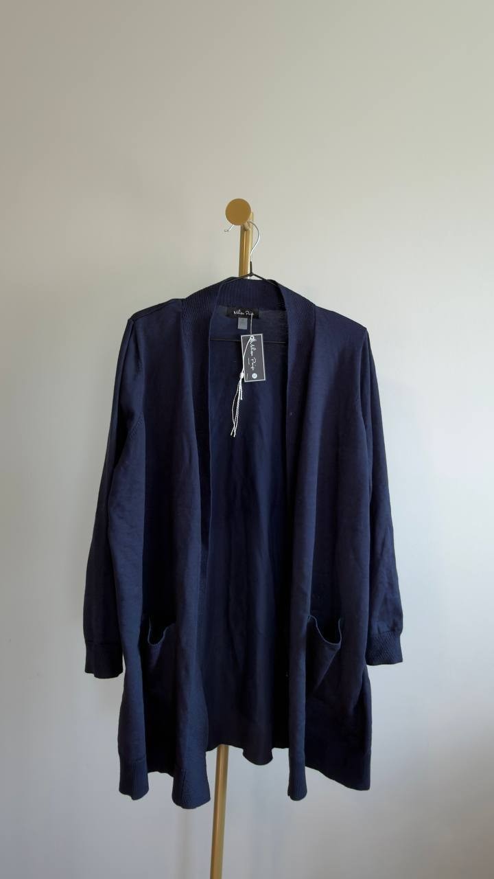 Melissa Paige Plus Size Ribbed‑Trim High‑Low Cardigan Sweater Navy 1X NWT $54.50