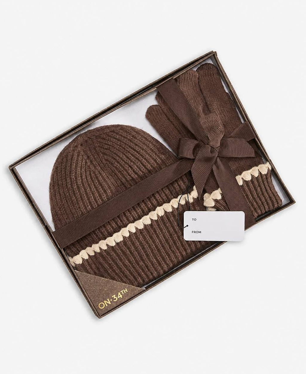 On  34th  Ribbed  Beanie  &  Gloves  Boxed  Set  Brown  One  Size  NWT  $68 