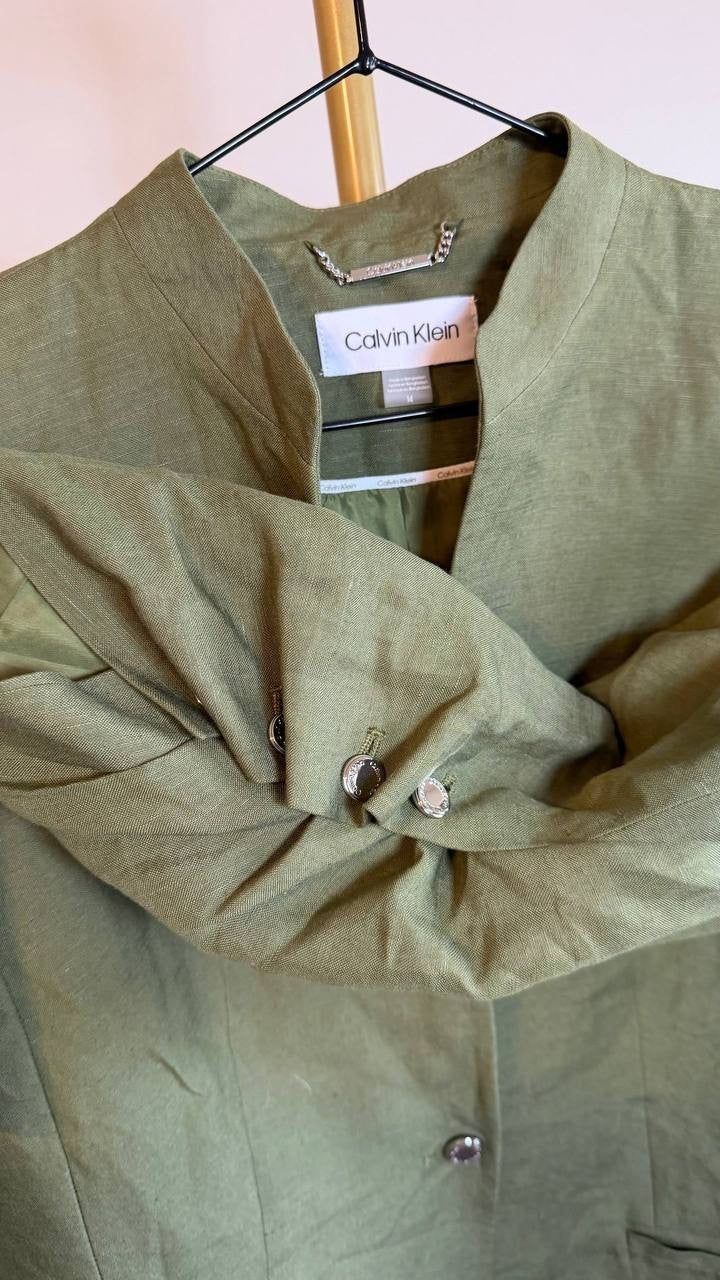 Calvin Klein Women’s Green Petite Linen-Blend 3/4-Sleeve One-Button Blazer Size