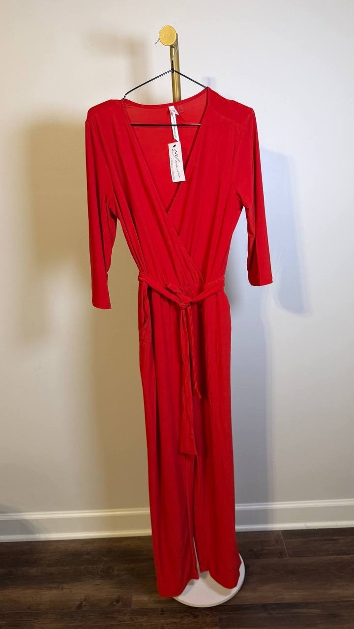 NY Collection Women’s 3/4 Sleeve Belted Jumpsuit Barbados Red PM $66 NWT