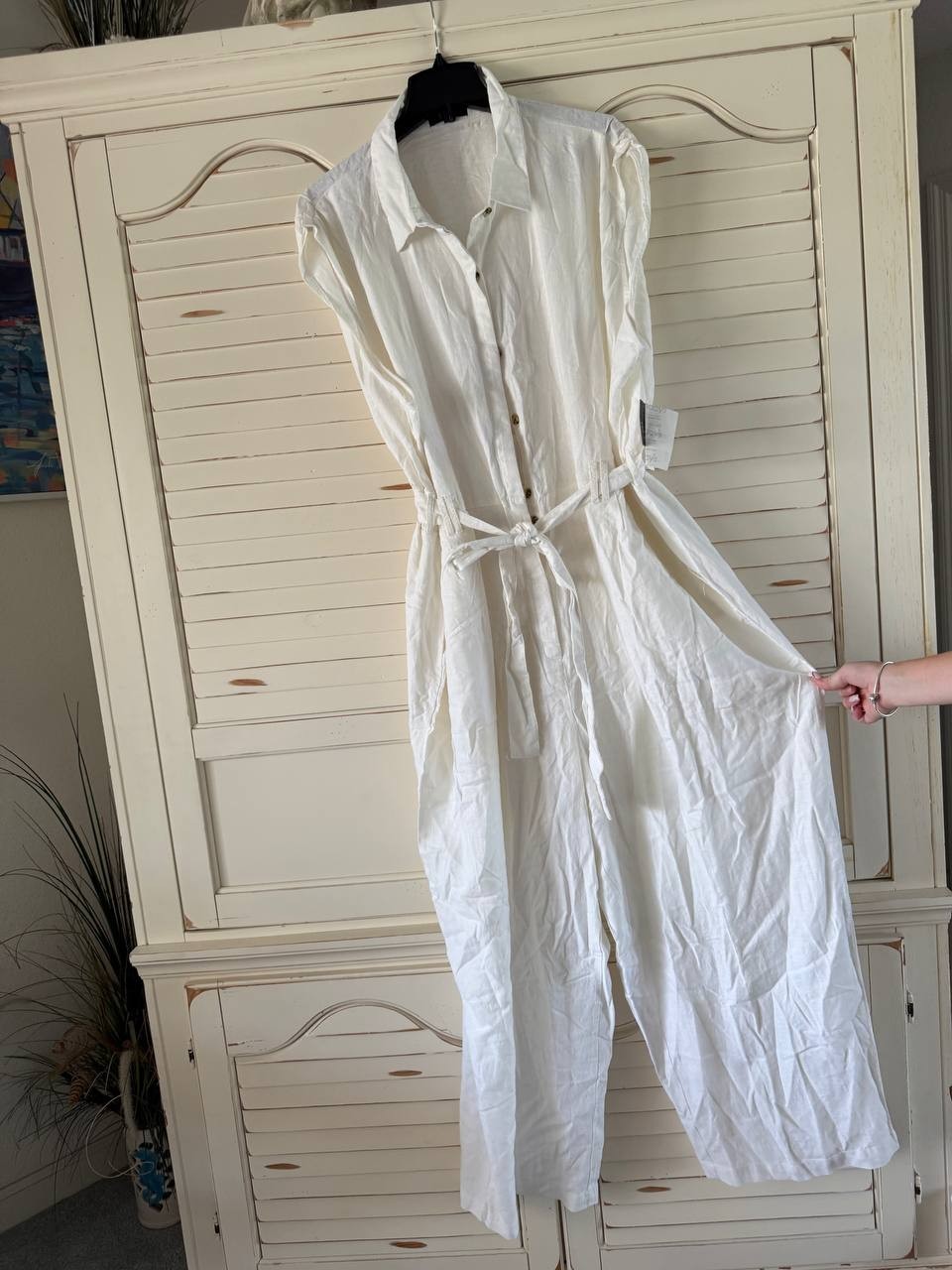 ELLA Rafaella Jumpsuit 3X White Linen Blend Sleeveless Belted Cropped Pants NWT