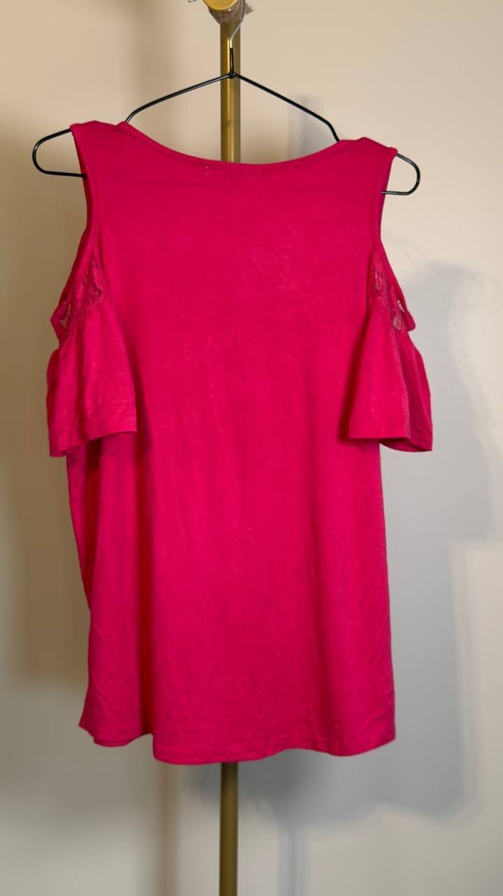 White Mark Cold Shoulder Lace Trim Knit Top Fuchsia XL NWT $60