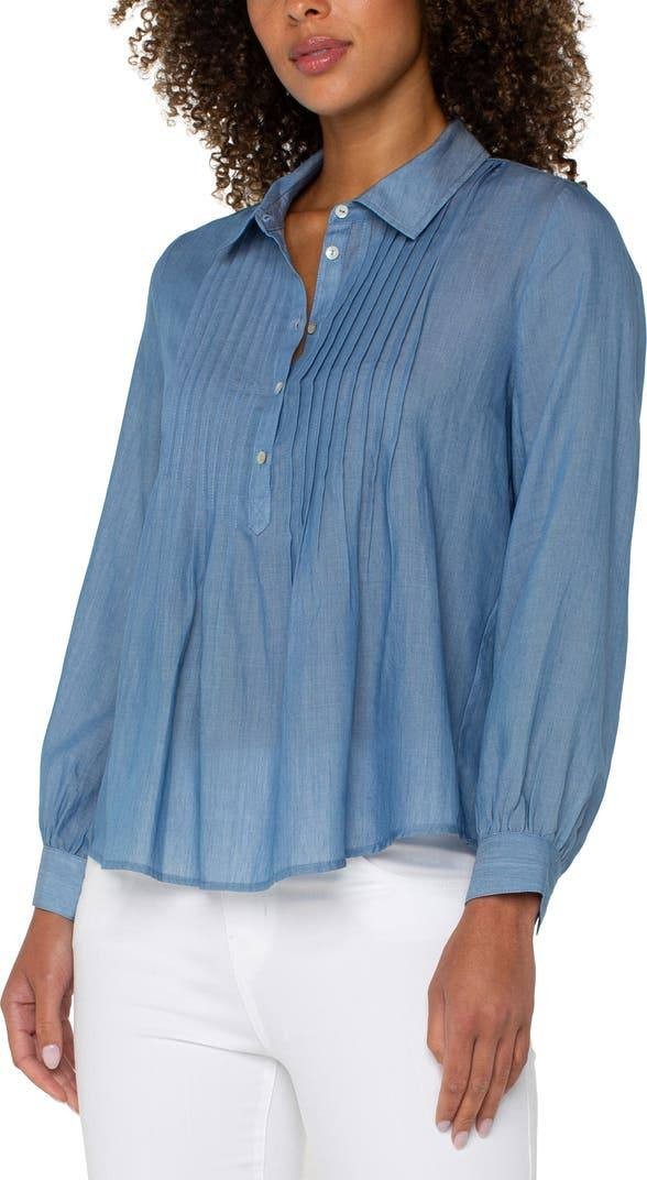 Liverpool Pintuck Pleat Woven Long‑Sleeve Shirt – PL – Bridgeton Light –NWT– $89