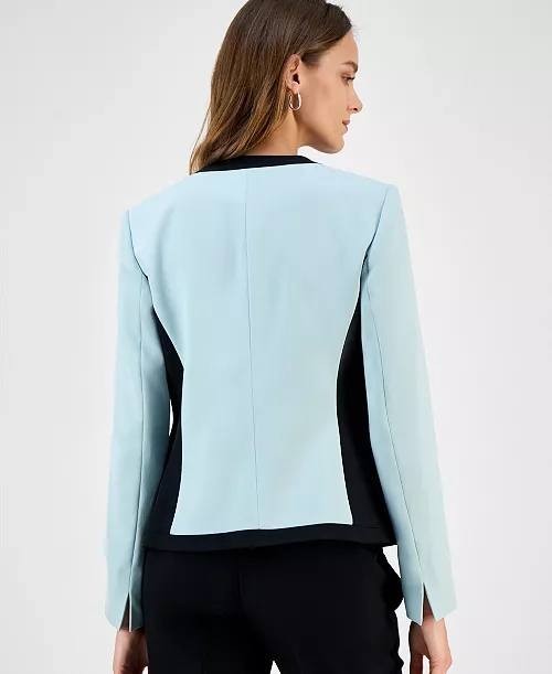 Kasper Blazer 12P Blue Petite Contrast Trim Open Front Long Sleeve Career NWT