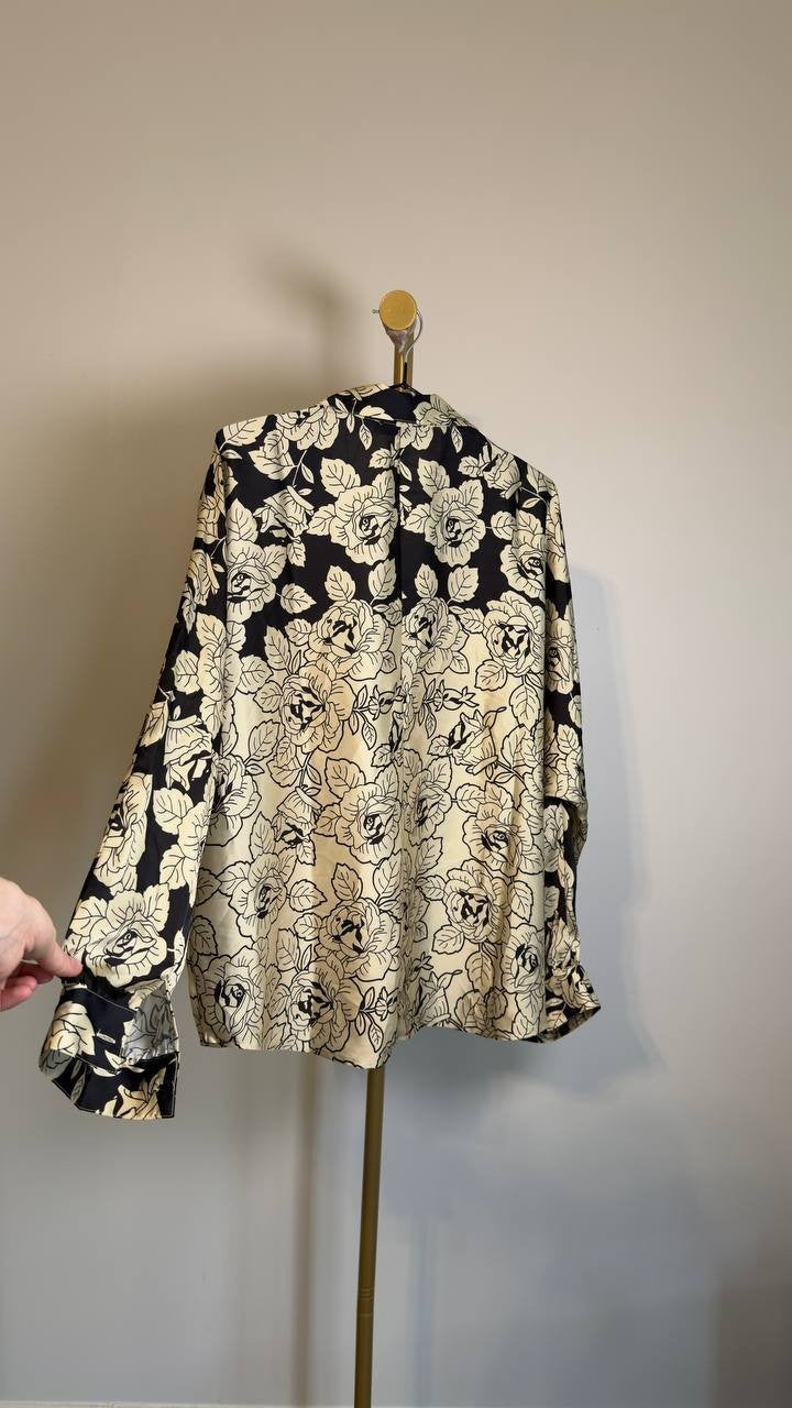 T Tahari Printed Dolman‑Sleeve Button Blouse Gold/Black L NWT $78