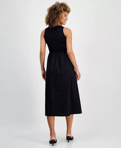 Anne Klein Sleeveless Mixed Media Midi Dress-Black-Size L-NWT-$129