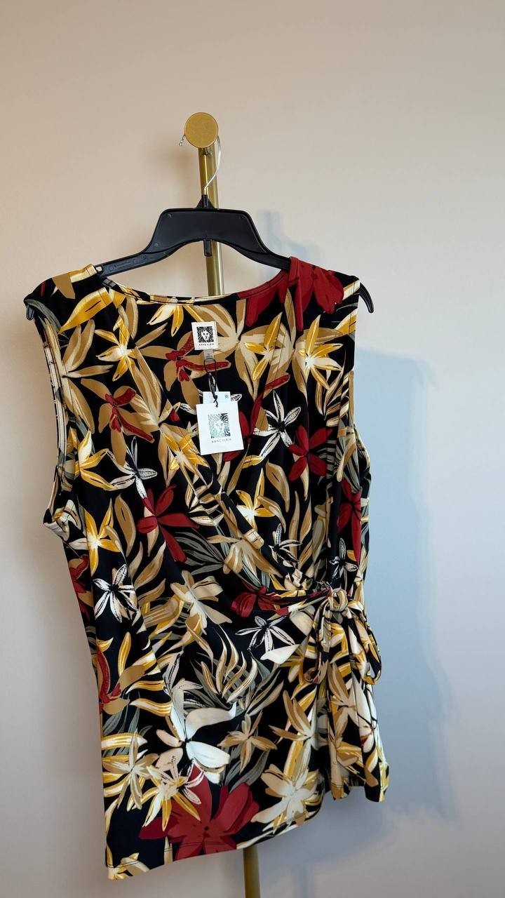 Anne Klein Printed Ruched Draped‑Neck Mesh Top Black Floral XL NWT $59