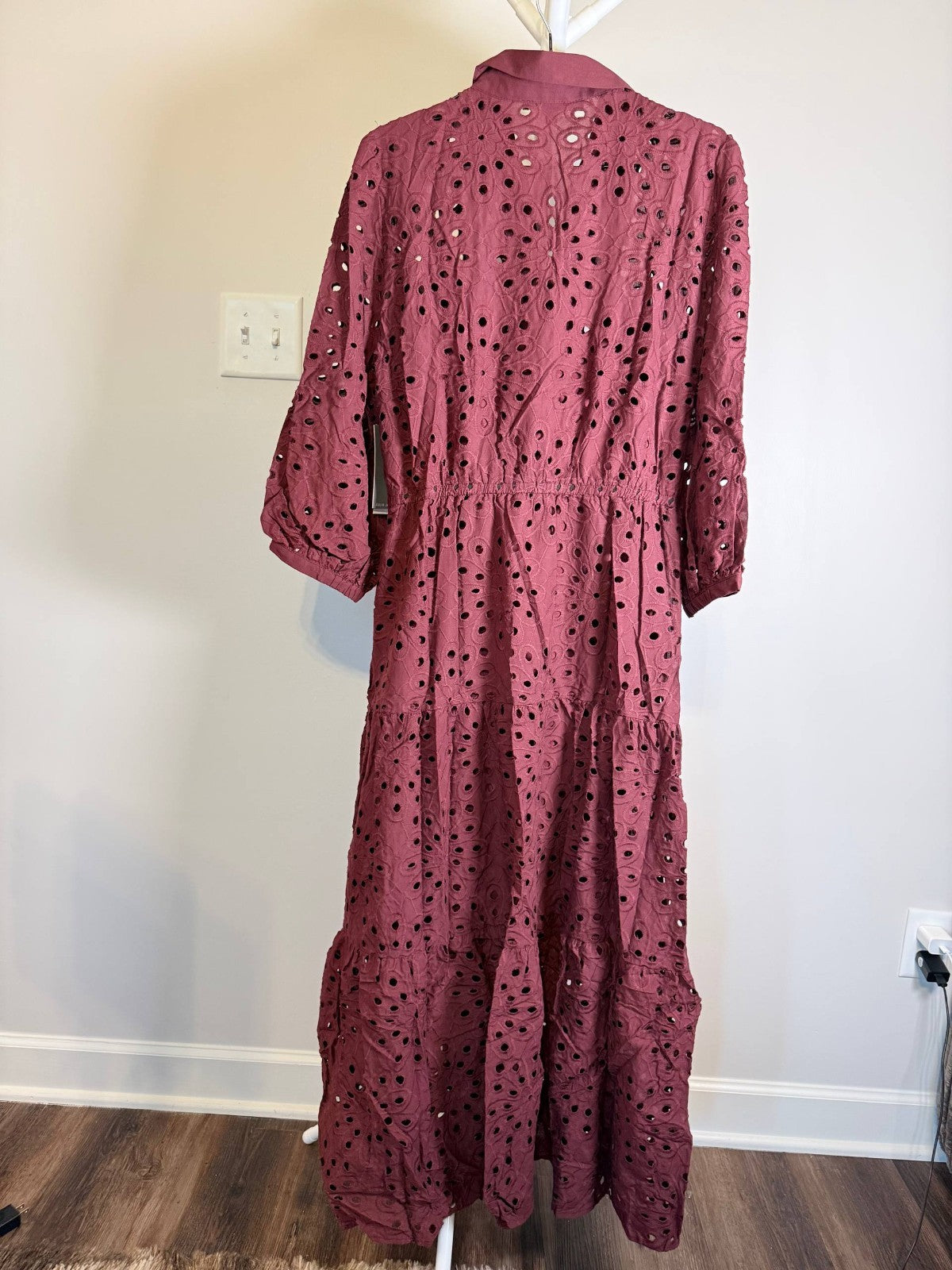 Julia Jordan Women’s Eyelet Tie‑Waist 3/4‑Sleeve Midi Dress – Wine –Size 10  NWT