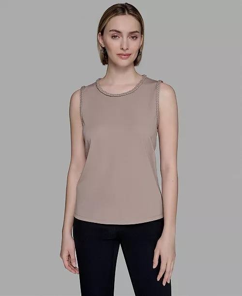 Karl Lagerfeld Paris Braided‑Trim Sleeveless Top Taupe XL NWT $89