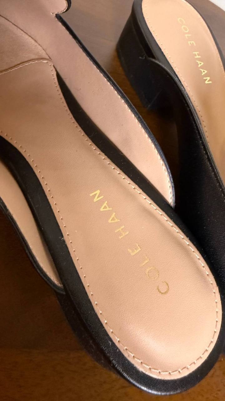 Cole Haan Piper Mules 7.5B Black Leather Slip‑On Almond Square Toe NIB msrp$155