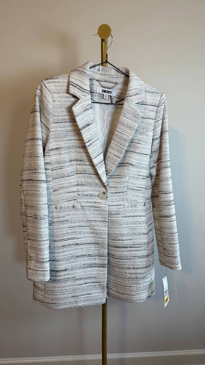 DKNY Women’s White Tweed Notch-Collar One-Button Long Blazer Size 6P NWT $179