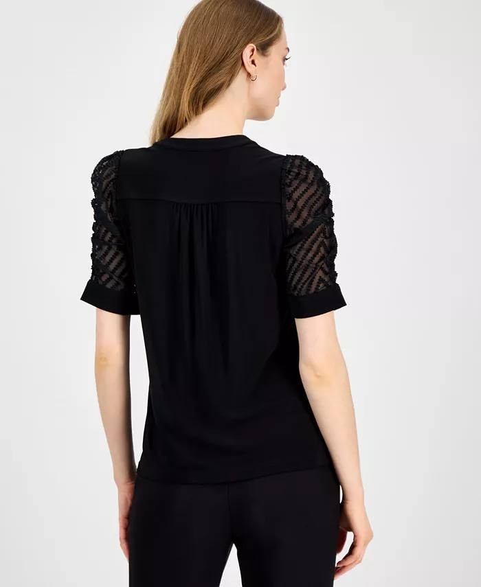 Anne Klein Mixed‑Media Elbow‑Sleeve Hidden‑Placket Top Black L NWT $89