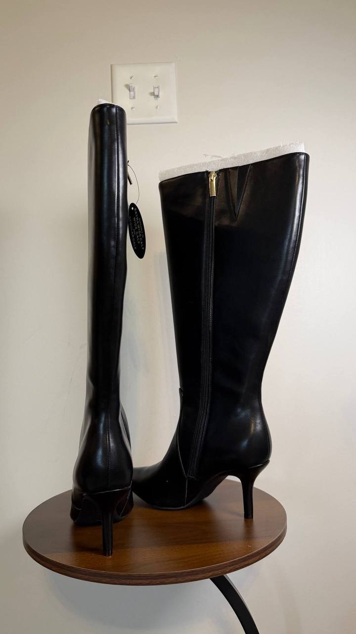 INC Mckennaa Boots 7W Black Beauty Pointy Toe Stiletto Knee‑High NIB msrp$99.90