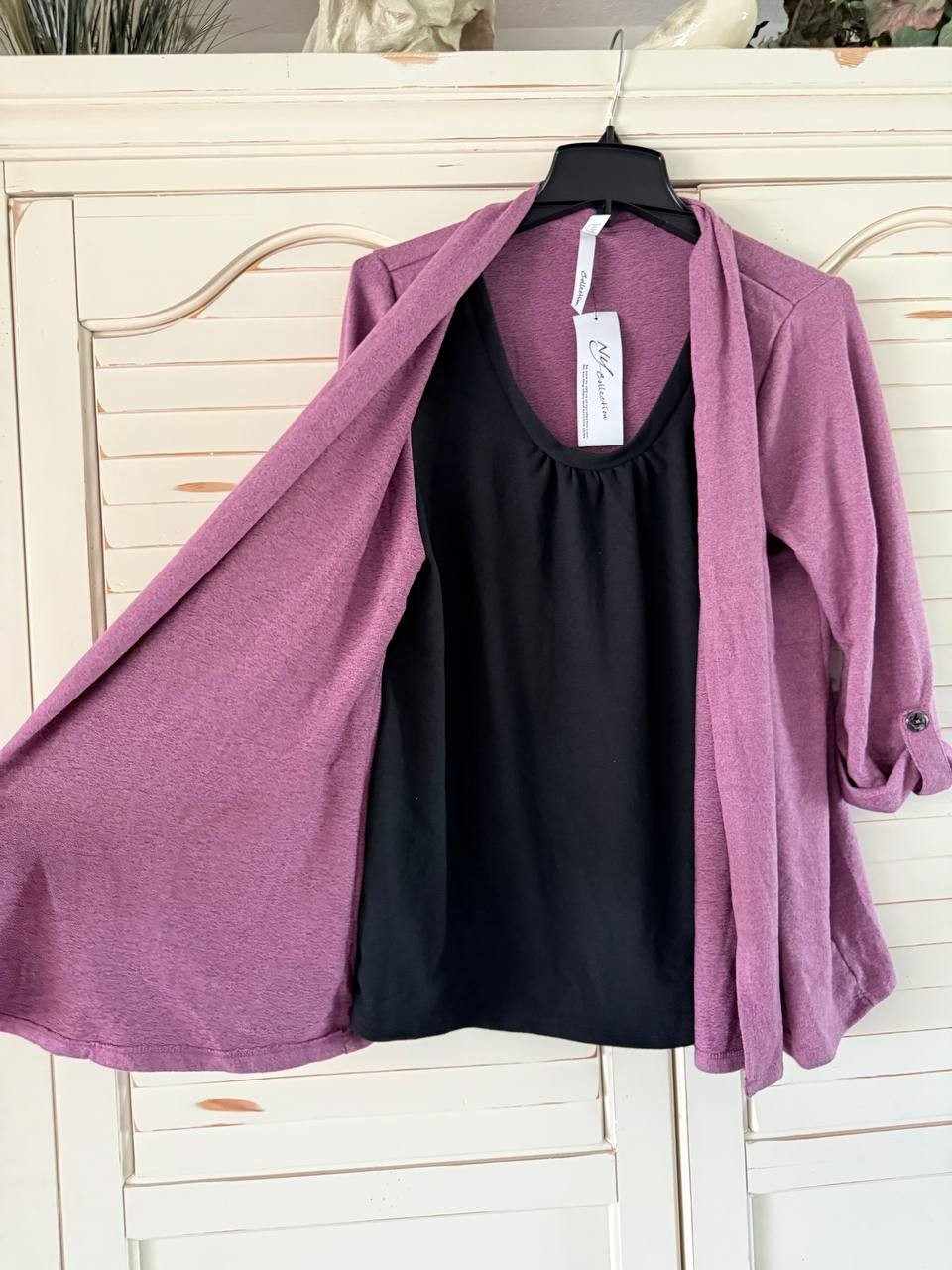 NY Collection Top PL Damson 3/4 Sleeve Two-In-One Layered Knit Blouse NWT
