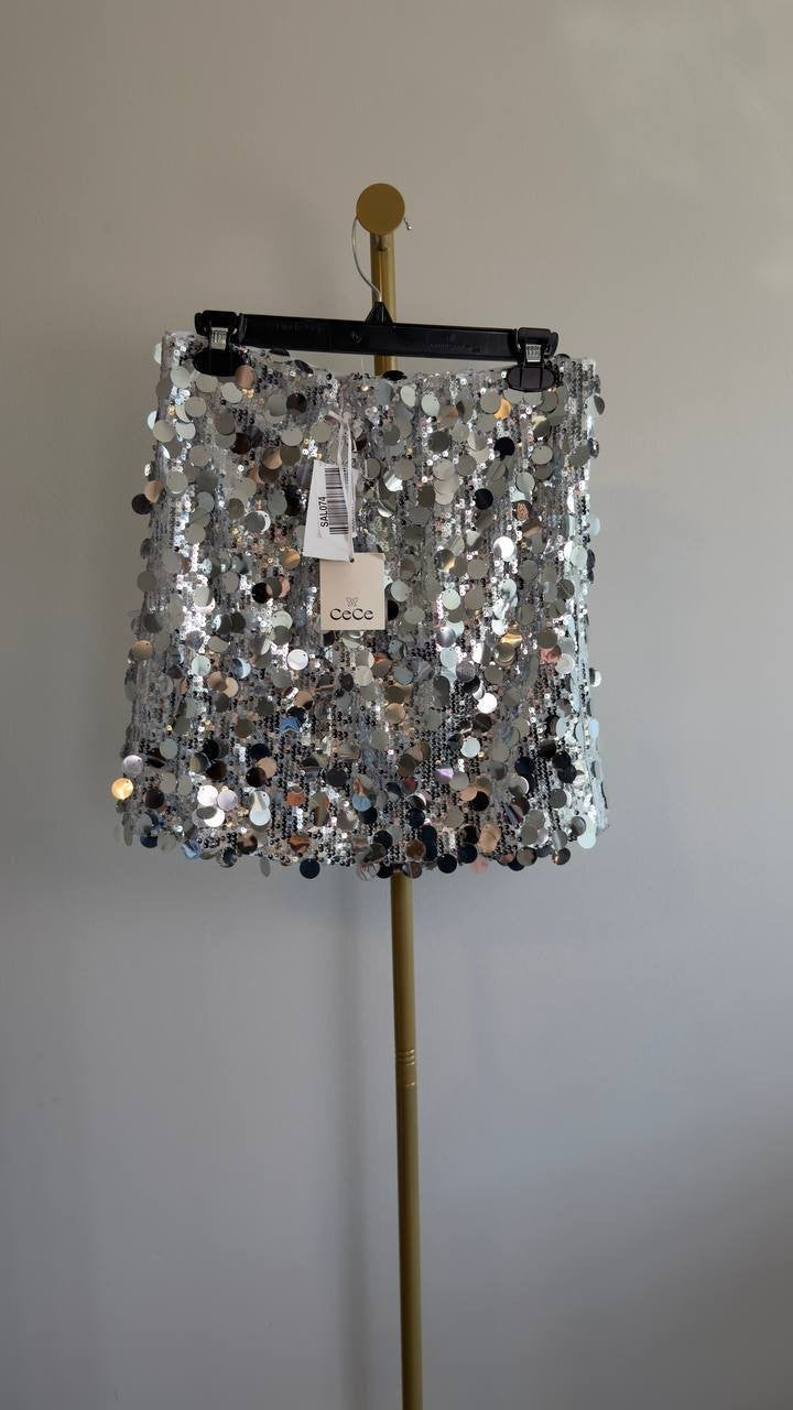 CeCe Women’s Sequin Paillette Mini Skirt Silver Charm 4 NWT $89