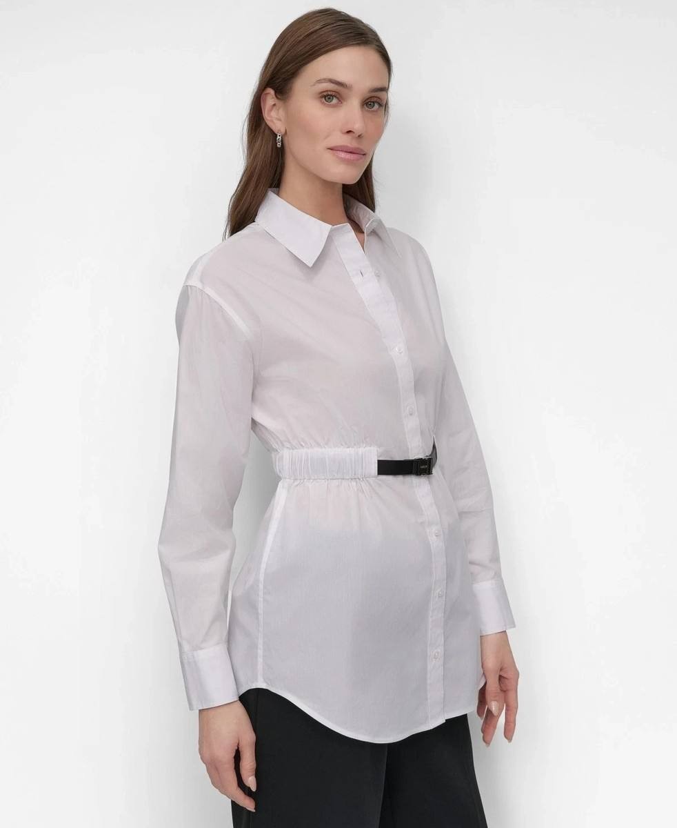 DKNY Cotton Belted Button‑Front Shirt White XL NWT $119